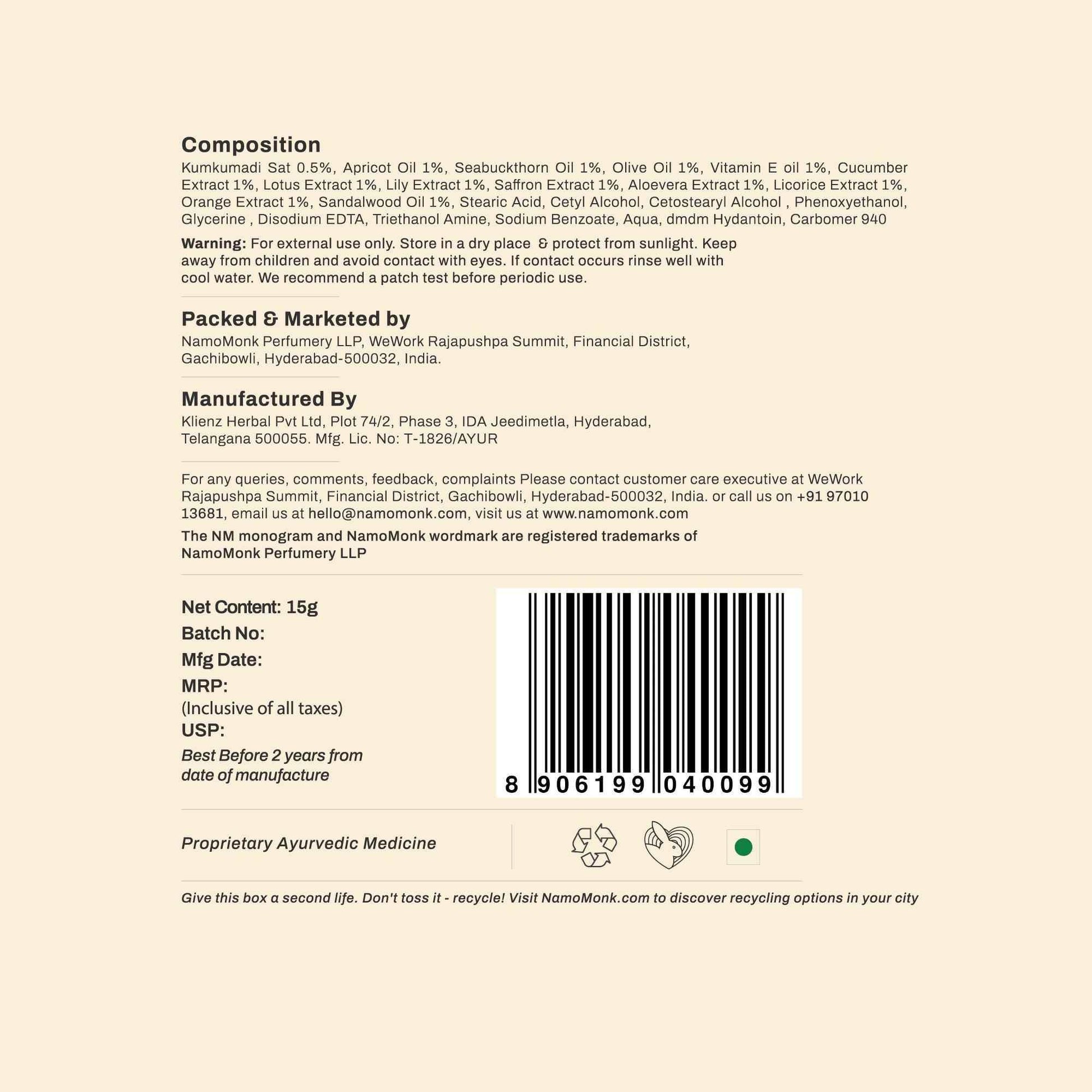 Kumkumadi Ethereal Radiance Cream | Night Cream - NamoMonk